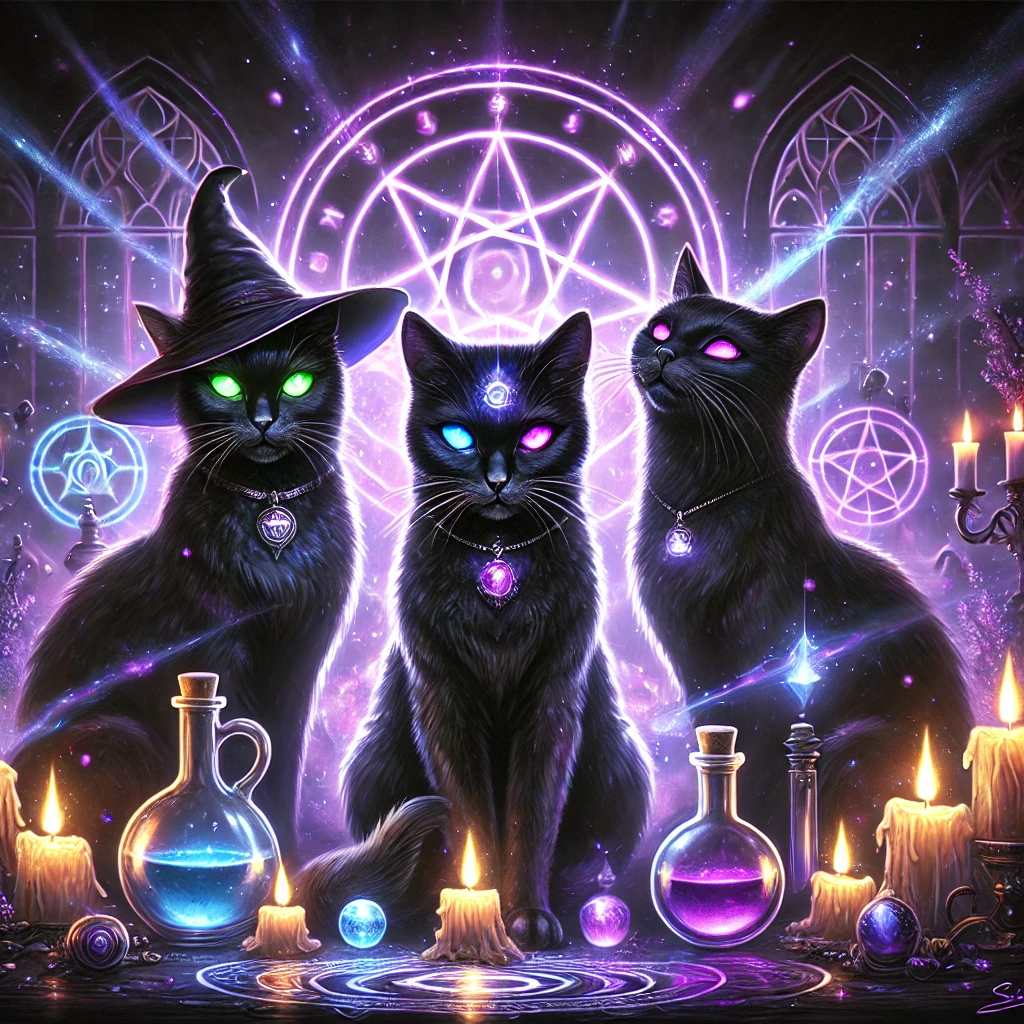 Three black cats surrounding alchemical and magical instruments and markings